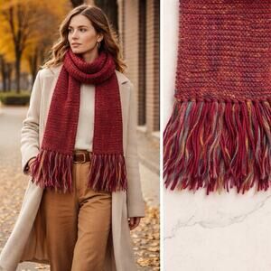 Chunky Angora Wool Knit Scarf Red Multi Color Fringe Boho Cozy Textured Artisan